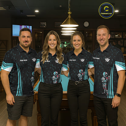 Men women billiard team wearing Funny Alien 8 Ball turquoise galaxy custom pool uniforms, professional 8 ball team jerseys