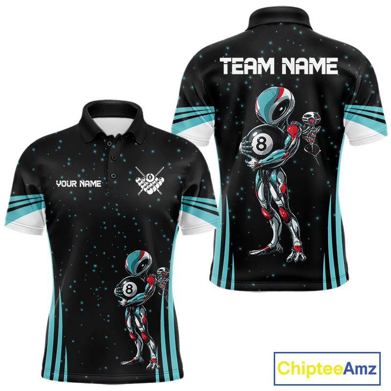 Funny Alien 8 Ball men's billiard polo shirt custom turquoise galaxy pool jersey, personalized billiards team uniform, 8 ball pool shirt, custom cue sports apparel
