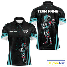 Load image into Gallery viewer, Funny Alien 8 Ball men's billiard polo shirt custom turquoise galaxy pool jersey, personalized billiards team uniform, 8 ball pool shirt, custom cue sports apparel