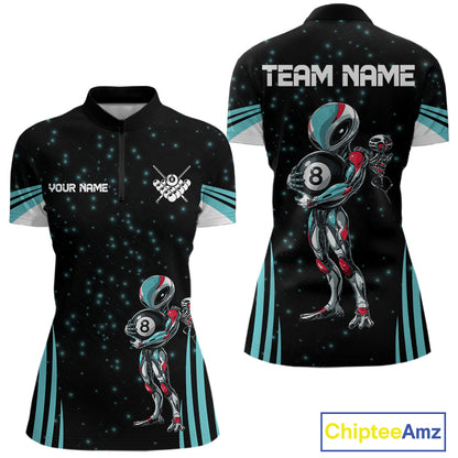 Funny Alien 8 Ball women's quarter zip billiard shirt custom turquoise galaxy pool team jersey, personalized billiards apparel, tournament pool uniform