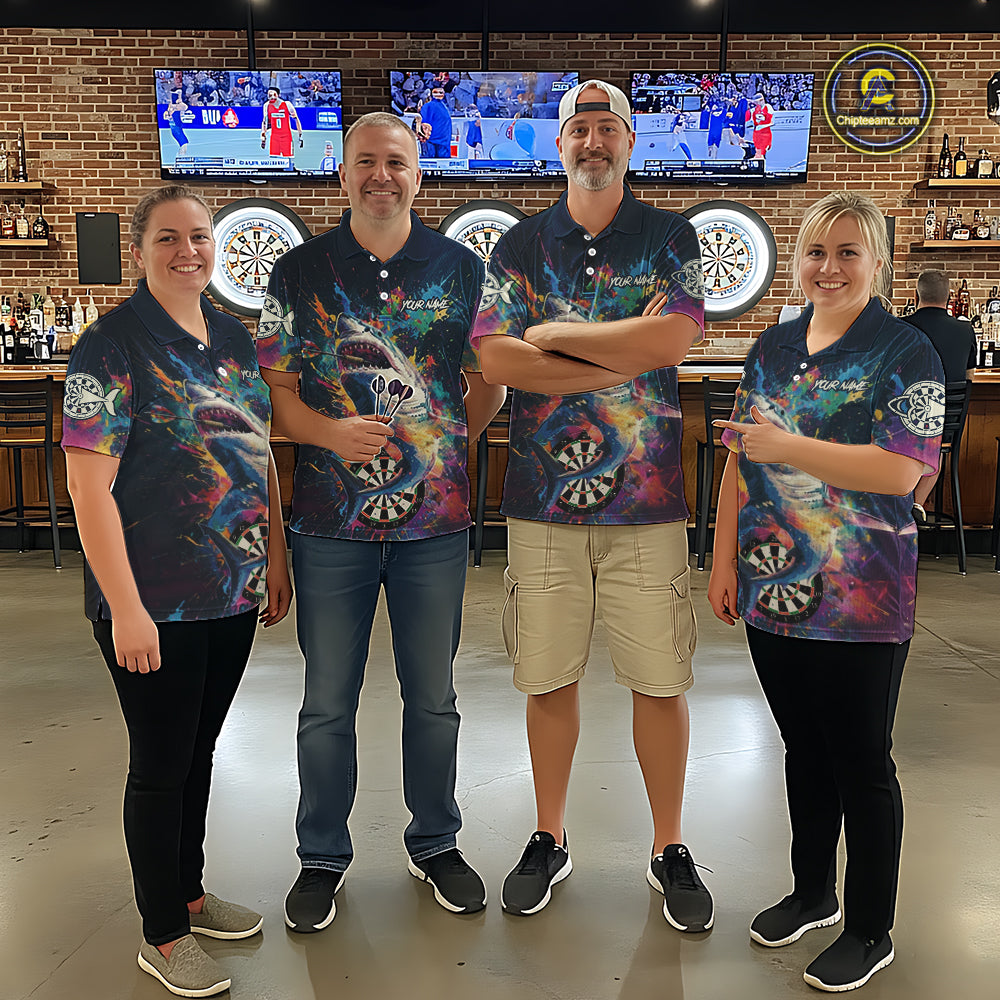 Personalized Multi-Color Splatter Funny Shark Men Darts Polo League Shirts Dart Jerseys NYN2217