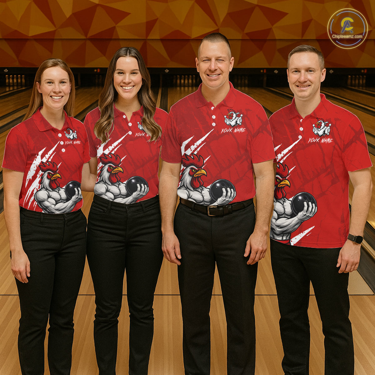 Custom White And Red Funny Rooster Bowling Polo & 1/4-Zip Team Shirts For Women Bowling Gifts NYN2721