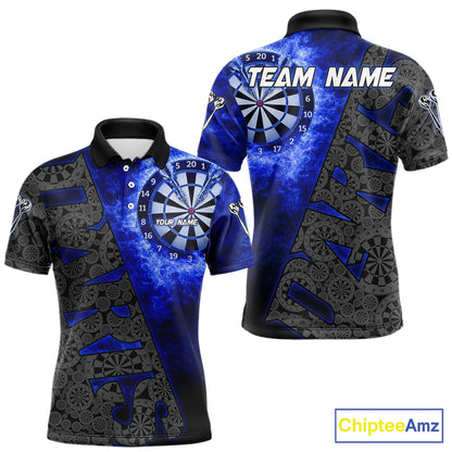 Custom Mens Dart Polo & Quarter Zip Shirt Pattern Dartboard Blue Flames Darts Team Jersey NYN2867