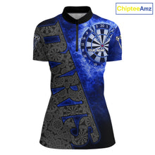 Load image into Gallery viewer, Custom Womens Dart Polo &amp; Quarter Zip Shirt Pattern Dartboard Blue Flames Darts Team Jersey NYN2867