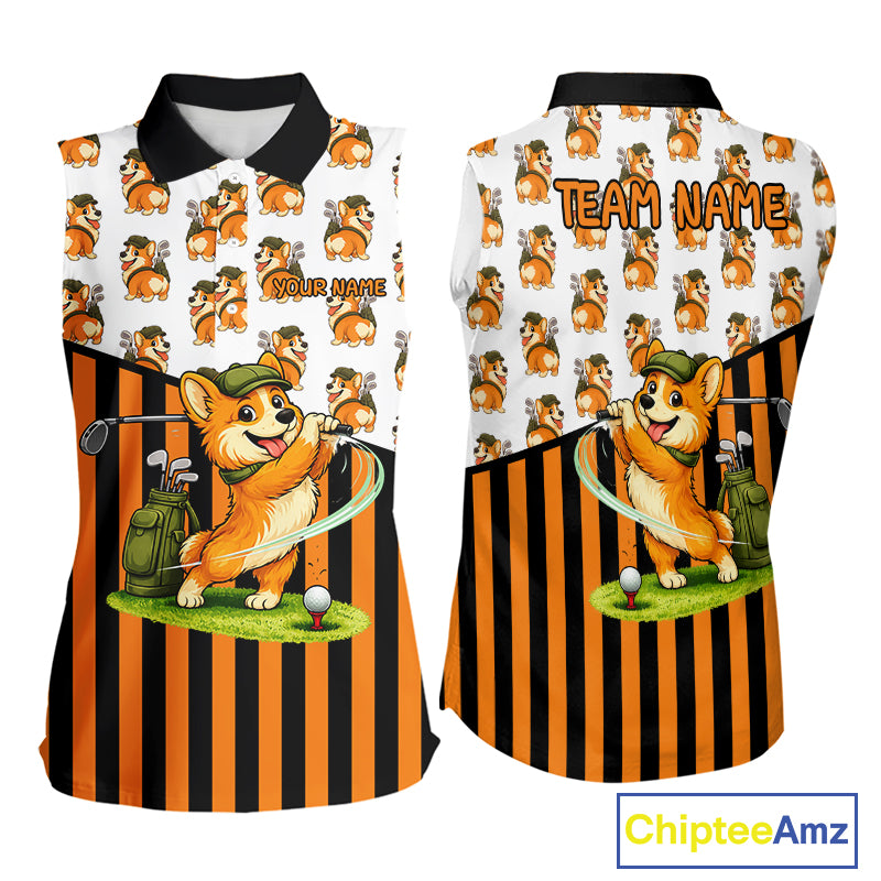 Funny Mens Cute Dog Pattern Golf Sleeveless Polo Shirt Custom Orange Golfing Dog Golf Clothes Attire NYN2874