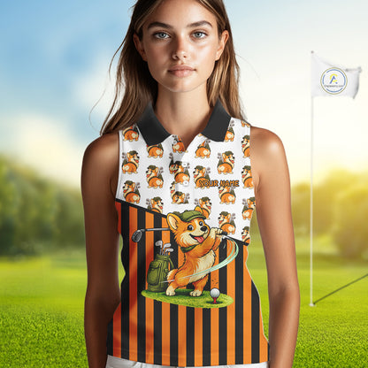 Funny Mens Cute Dog Pattern Golf Sleeveless Polo Shirt Custom Orange Golfing Dog Golf Clothes Attire NYN2874