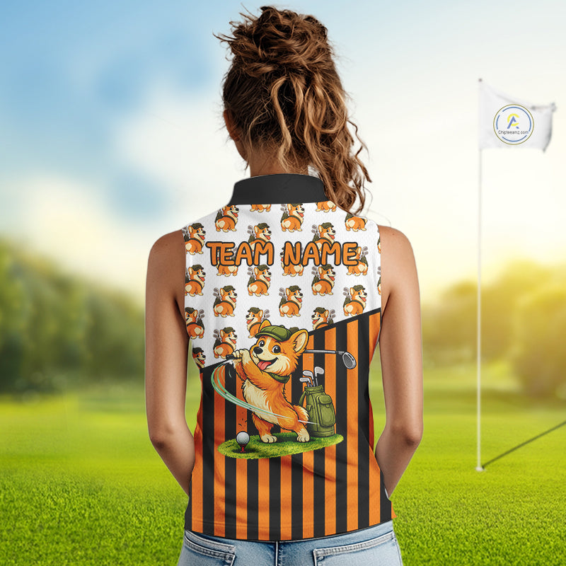 Funny Mens Cute Dog Pattern Golf Sleeveless Polo Shirt Custom Orange Golfing Dog Golf Clothes Attire NYN2874