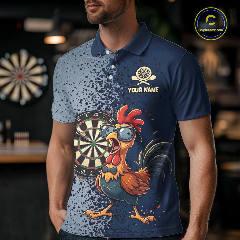 Blue Hexagon Splatter Funny Rooster Darts Polo & 1/4-Zip Shirt Custom Dart Jersey For Men NYN3082