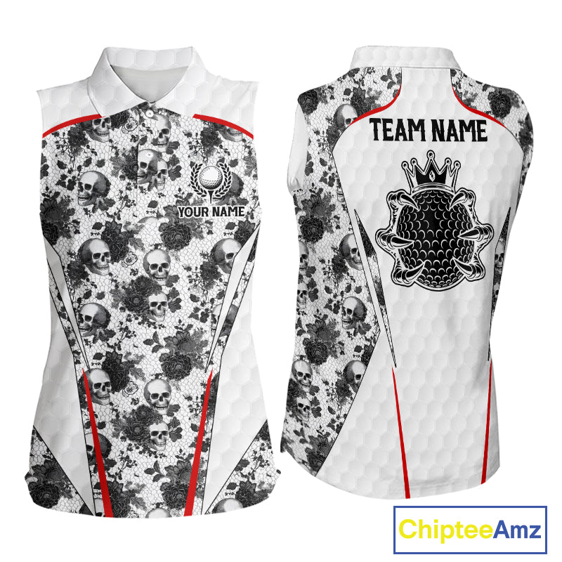 Black And White Skull Roses Golf Sleeveless Polo Shirts For Women Custom Golf Team Attire For Golfers NYN3256