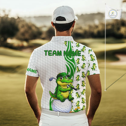 Men's model wearing Funny Alligator Golf Polo Shirt, wildlife golf apparel, custom golf team clothing, Florida golf fashion, personalized golf outfit.