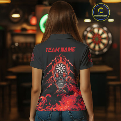 Custom Red Flames Skull Dart Arrow Dart Women Polo Jerseys Flame Dart Team Shirt NYN1707