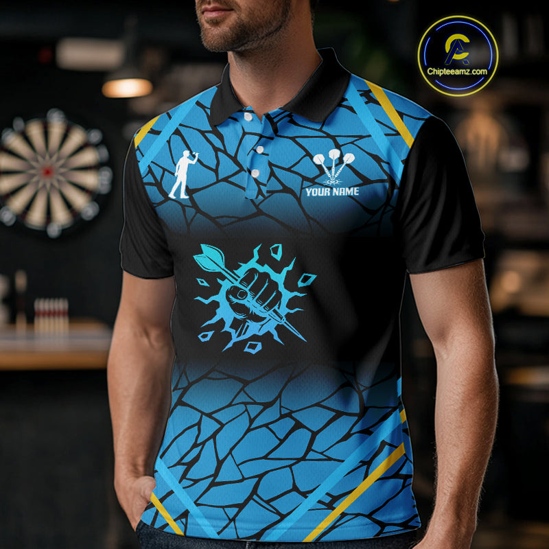 Men’s Custom Darts Shirt With Blue Cracked Pattern And Fist Holding Dart Arrow NYN0311