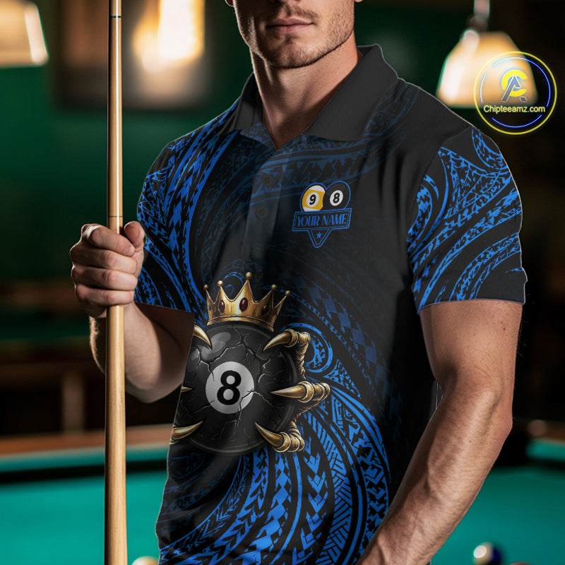 Male pool player wearing Blue Tribal Skull Crown billiard jersey during tournament and league competition