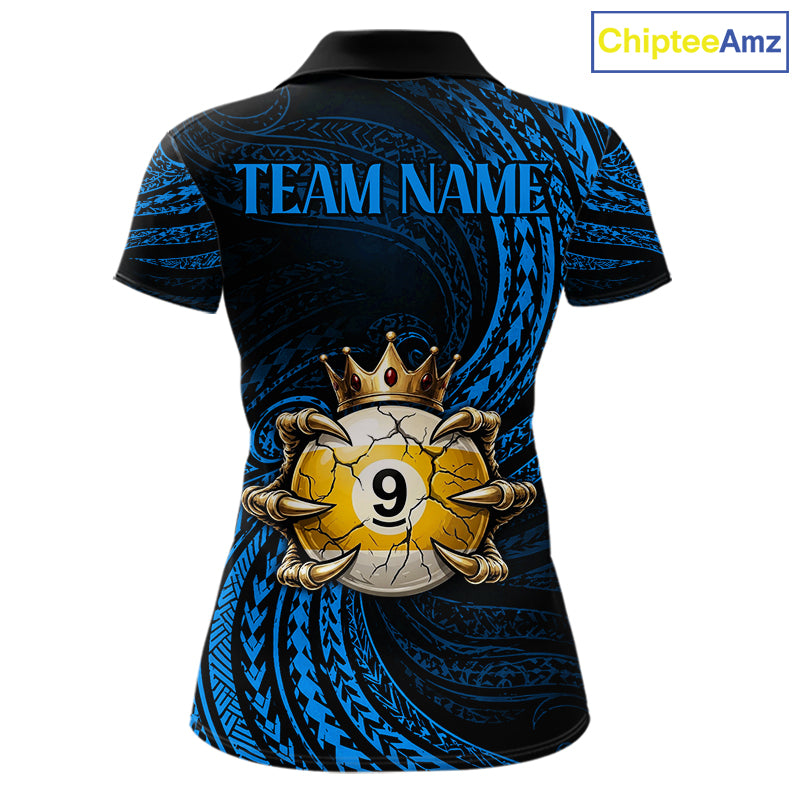 Blue Tribal Skull Crown women's billiard polo shirt custom 8 ball 9 ball pool jersey, personalized billiards team apparel