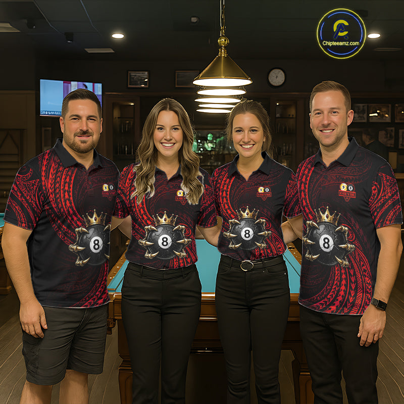 Men women billiard team wearing Red Tribal Skull Crown custom billiard uniforms, tournament team jerseys