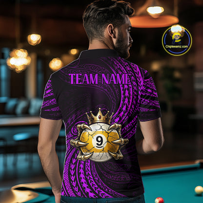 Male pool player wearing Purple Tribal Skull Crown billiard jersey during league and tournament play