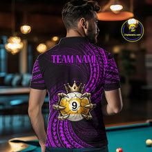Load image into Gallery viewer, Male pool player wearing Purple Tribal Skull Crown billiard jersey during league and tournament play