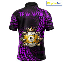 Load image into Gallery viewer, Purple Tribal Skull Crown men's billiard polo shirt custom 8 ball 9 ball team jersey, personalized pool apparel