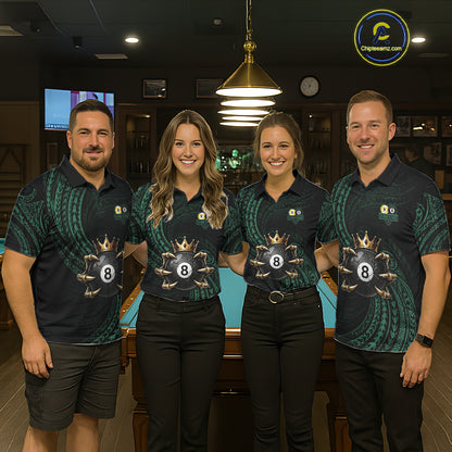 Men women billiard team wearing Green Tribal Skull Crown custom billiards uniforms and tournament jerseys