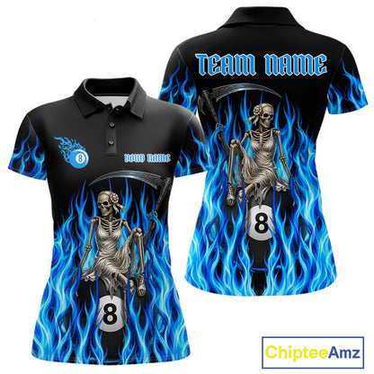 Blue Grim Reaper women's billiard polo shirt custom fire flame pool jersey, personalized 8 ball billiards apparel