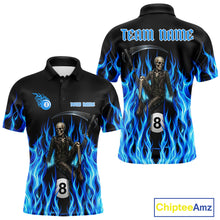 Load image into Gallery viewer, Men's billiard team wearing Flaming Skull 8 Ball custom billiard uniforms, personalized pool team jerseys