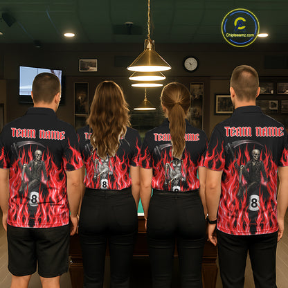 Men women billiard team wearing Red Grim Reaper custom billiard uniforms, personalized pool team jerseys