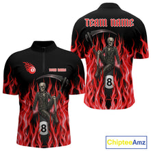 Load image into Gallery viewer, Red Grim Reaper men's quarter zip billiard shirt custom flame team jersey, professional cue sports apparel