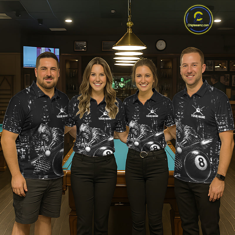 Men women billiard team wearing Grim Reaper Plays 8 Ball custom grunge pool uniforms, professional billiard jerseys