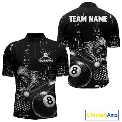 Grim Reaper Plays 8 Ball men's quarter zip billiard shirt custom grunge pool team jersey, tournament uniform
