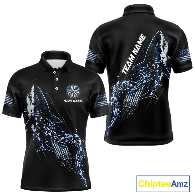 Black And Blue US Flag Digital Camo Shark Darts Polo Shirt For Men