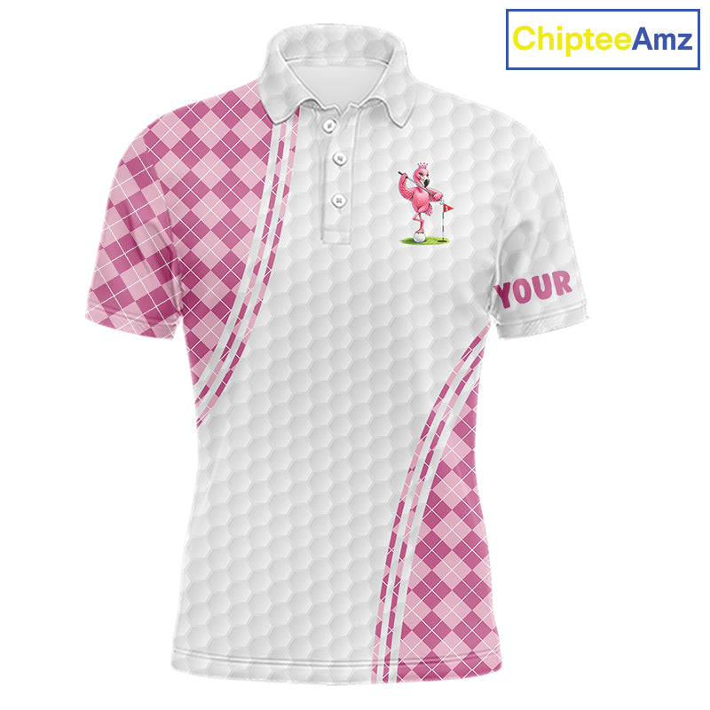Funny Mens Golf Polo Shirt Custom Crown Flamingo Pink Argyle Pattern Golf Clothing Shirts NYN2876