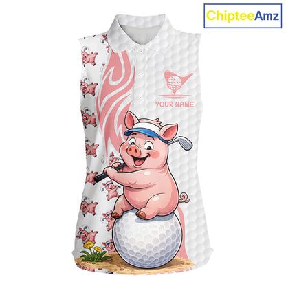 Funny Pig Sleeveless Polo Shirt Womens Golf Polo Shirts Custom Golfing Pig White Golf Pattern Shirts NYN2883