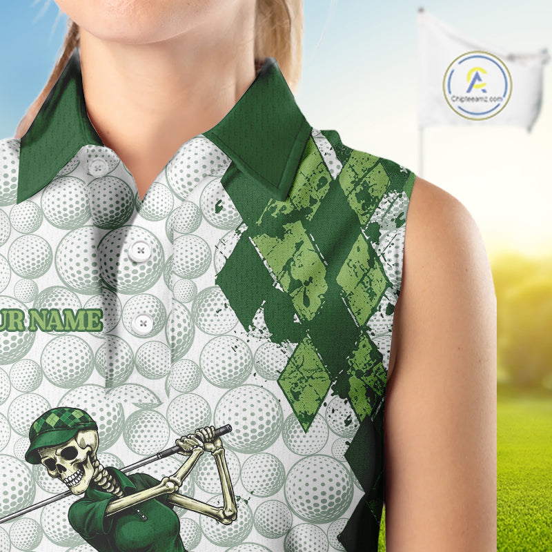 Funny Womens Golf Sleeveless Polo Shirt Custom Green Argyle Pattern Golf Ball Personalized Skull Golf Shirts NYN3100