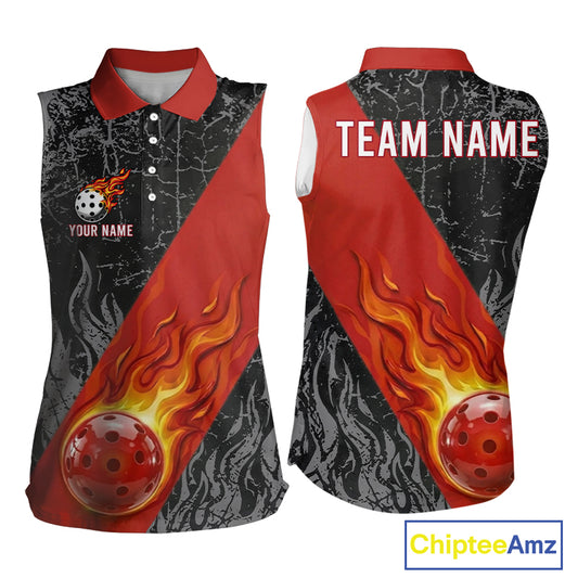 Fire Flame Pickleball Ball Custom Pickleball Sleeveless Polo For Women, Grunge Pickleball T-Shirt Tops | Red NYN3102