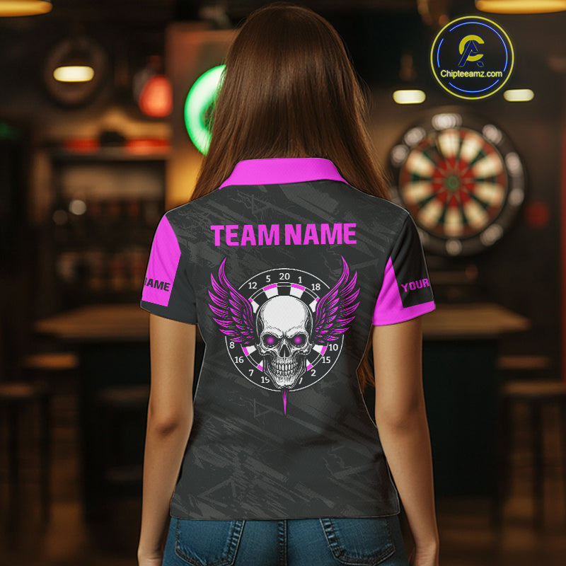 Women's Custom Darts Team Shirt - Purple Wings Skull Dartboard With Grunge Pattern NYN0324