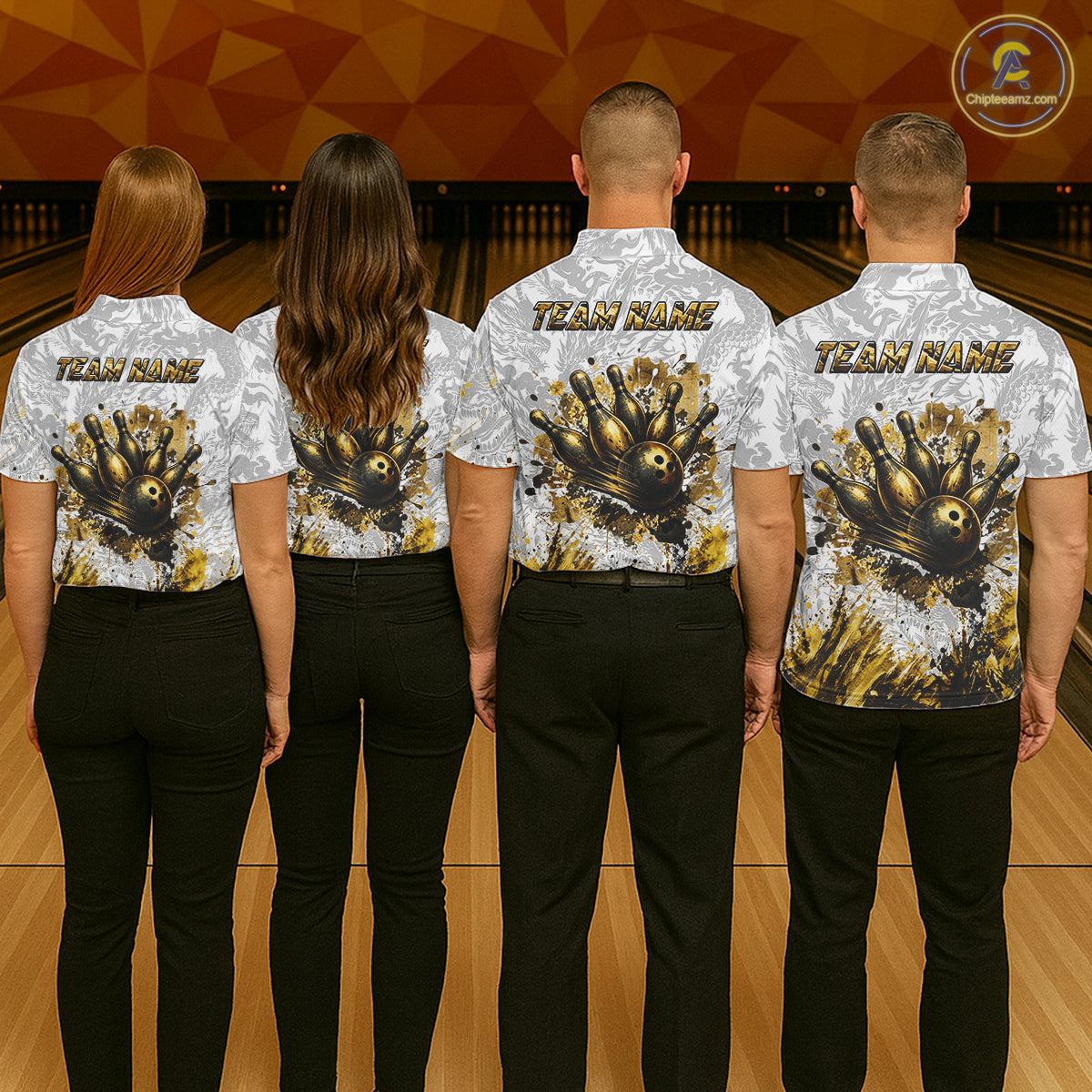 Splatter Black & Gold Bowling Polo & 1/4-Zip Shirt For Men Custom Gray Dragon Bowling Team Jersey NYN3269