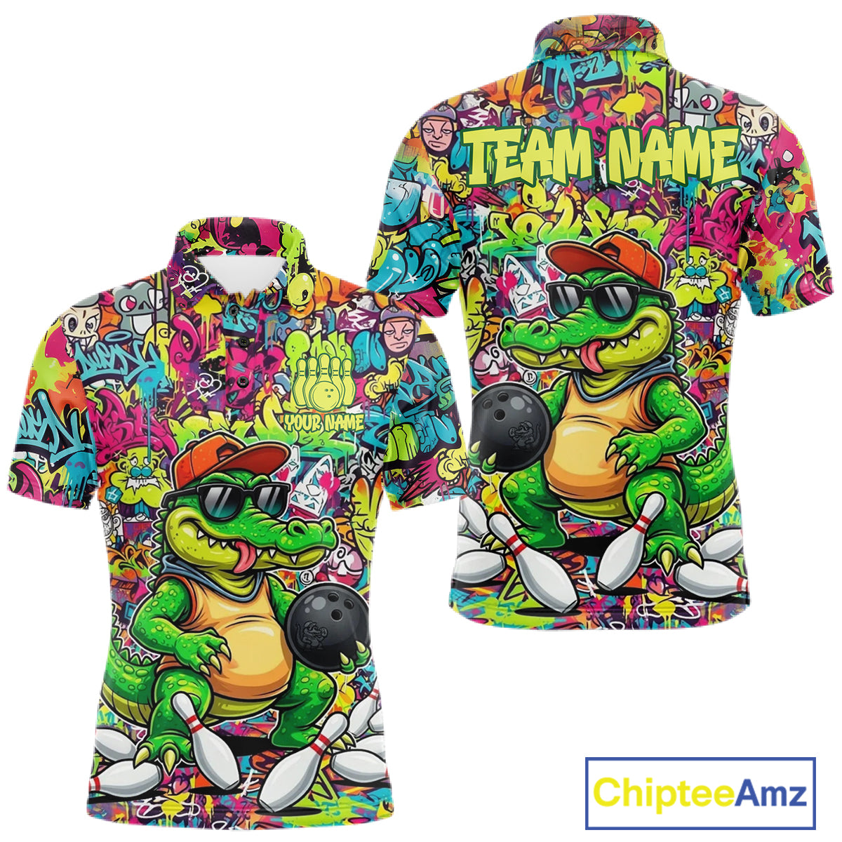 Funny Cool Crocodile Mens Bowling Shirts Custom Green Graffiti Team Bowling Jersey For Bowlers NYN3271