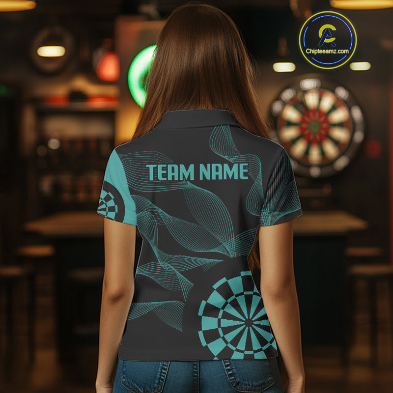 Turquoise Dartboard Waving Lines Darts Shirt For Women - Custom Name & Team Jersey NYN0586