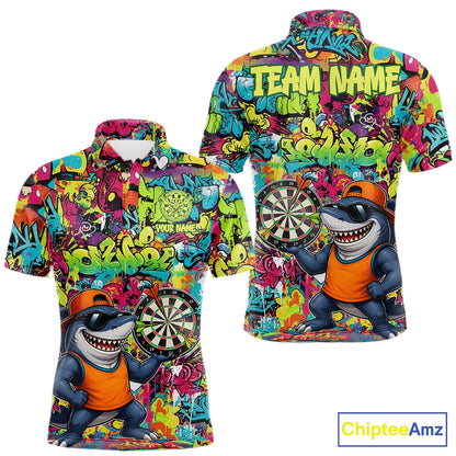 Cool Shark Dartboard Graffiti men's darts polo shirt, custom funny shark dart jersey, personalized dart team uniform