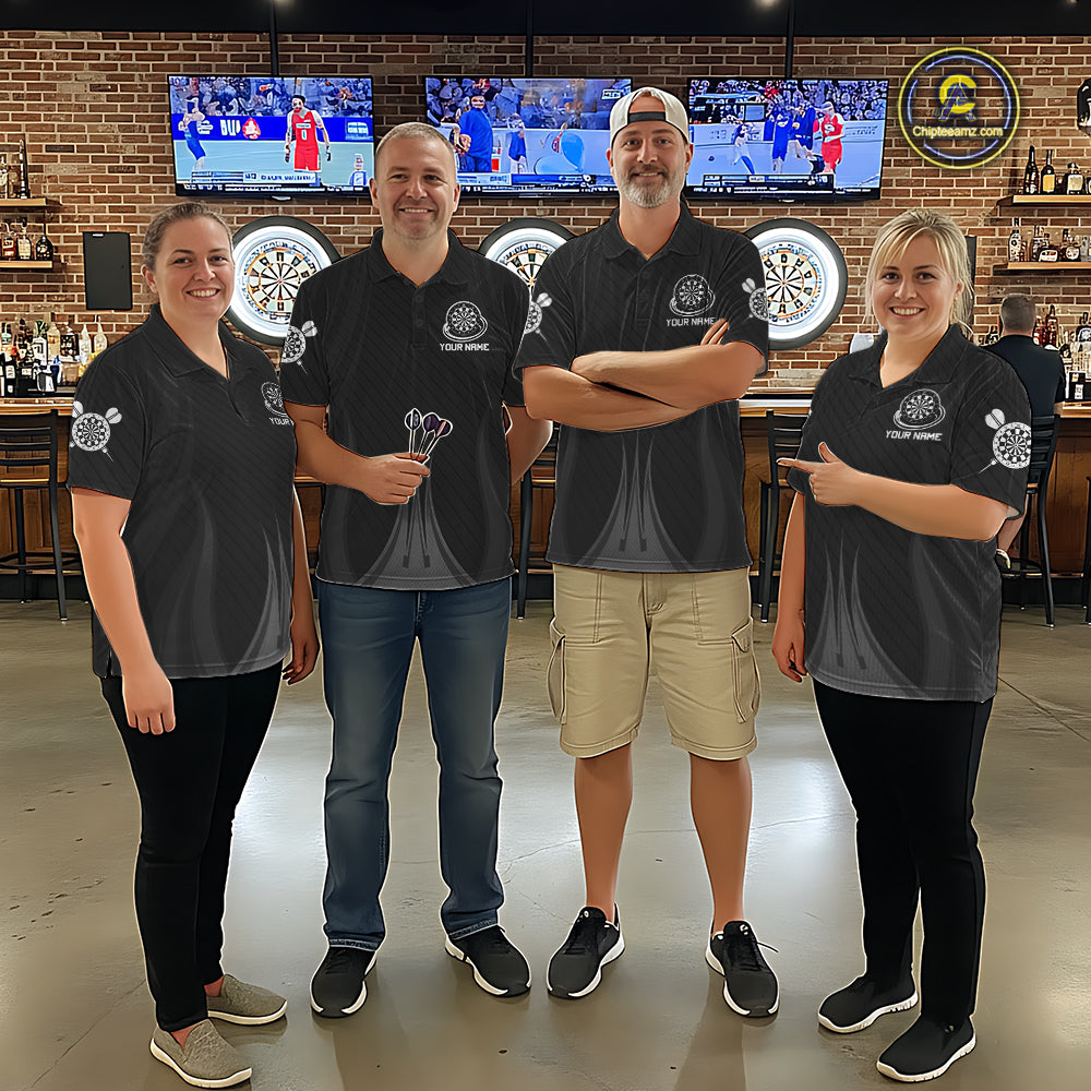 Men women darts team wearing Black White Dartboard custom uniforms, professional dart league jerseys
