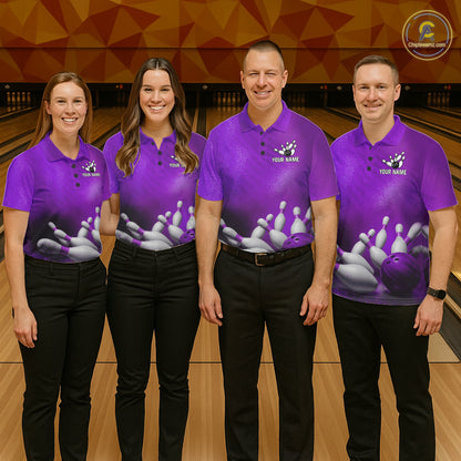 Professional bowling team wearing matching Purple jerseys with personalized names, league uniforms, teamwork, unity, excellence, championship sportswear, corporate bowling apparel.