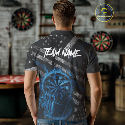 Custom Grunge US Flag Blue Smokes Skeleton Dart Men Polo Jerseys Patriotic Dart Shirts NYN1730