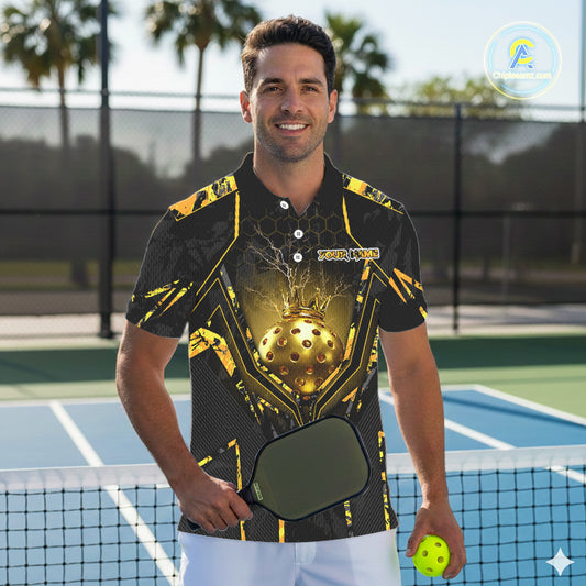Custom Black And Yellow Gold Crown Pickleball 3D Ball Jerseys Men Pickleball League Shirts NYN2228