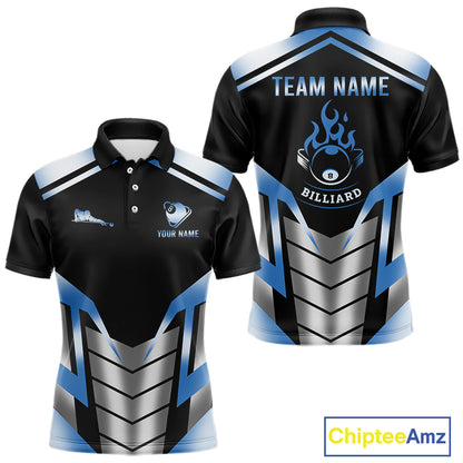 Custom Flame 8 Ball Pool Men Billiard Ball Shirts Gradient Blue & Silver Billiard Pool Jerseys NYN2895