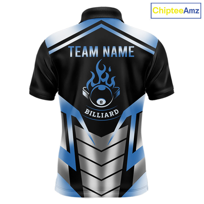 Custom Flame 8 Ball Pool Men Billiard Ball Shirts Gradient Blue & Silver Billiard Pool Jerseys NYN2895