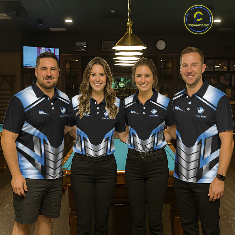 Custom Flame 8 Ball Pool Men Billiard Ball Shirts Gradient Blue & Silver Billiard Pool Jerseys NYN2895
