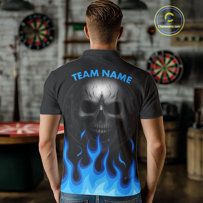 Blue Flaming Dartboard Grey Skull Darts Shirt For Men - Custom Name & Team Jersey NYN0597