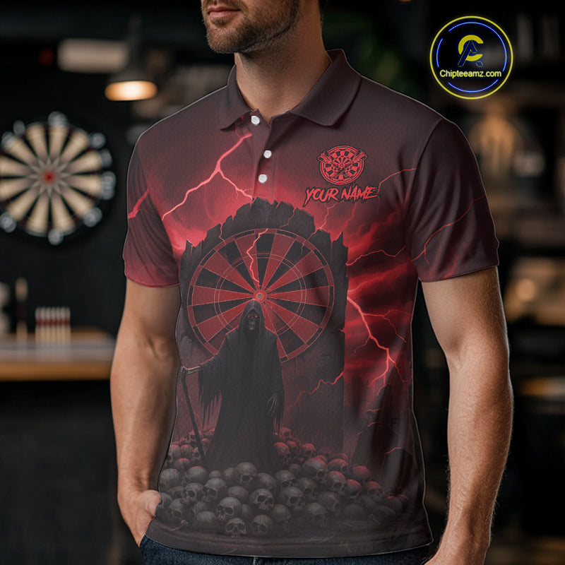 Custom Multi-Skull Lightning Red Dartboard Dart Men Polo Jerseys Grim Reaper Dart Shirts NYN1736
