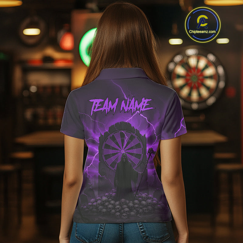Custom Multi-Skull Lightning Purple Dartboard Dart Women Polo Jerseys Grim Reaper Dart Shirts NYN1737