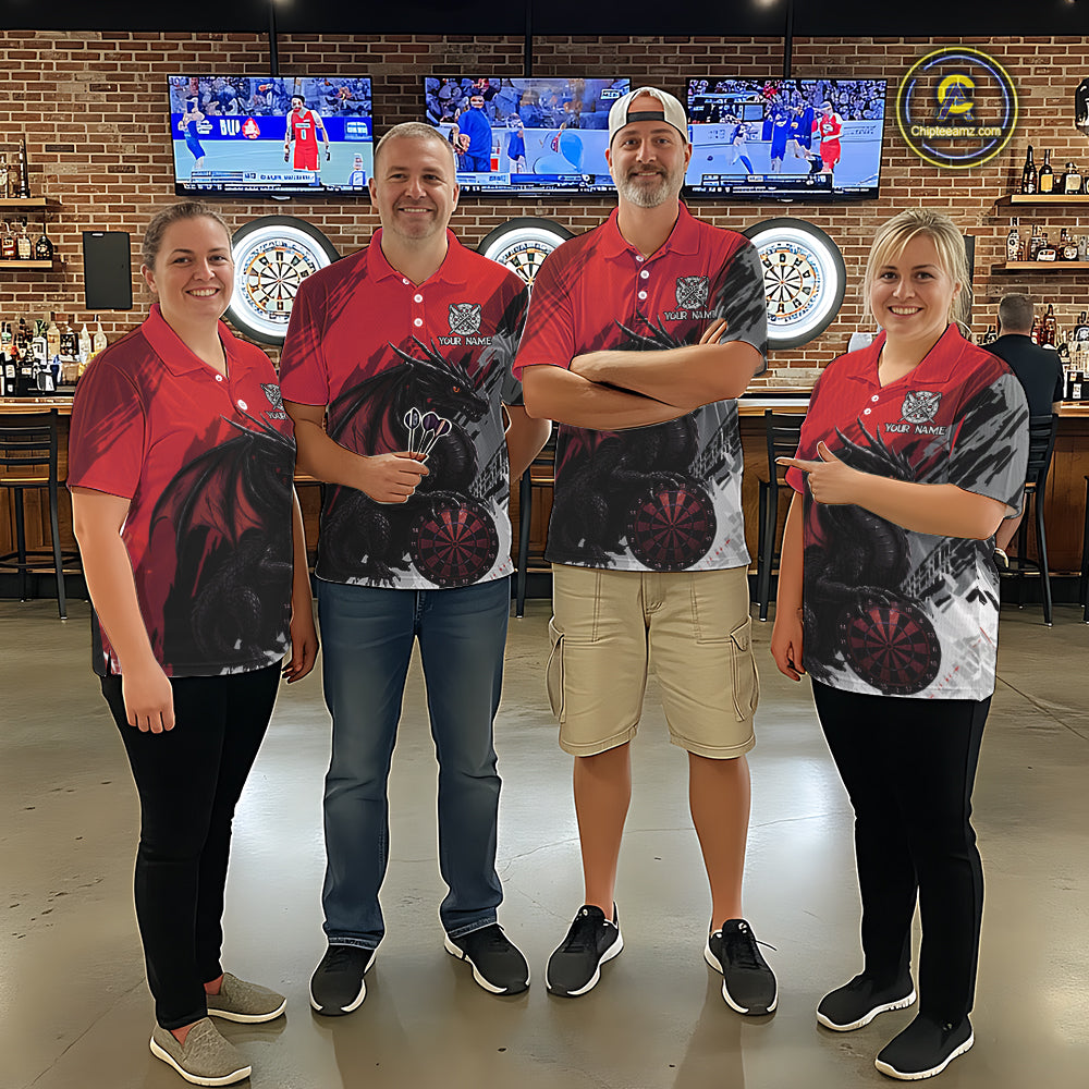 Red Grunge Dragon Dartboard Custom Men Darts Polo League Shirts Dragon Dart Jerseys NYN2239